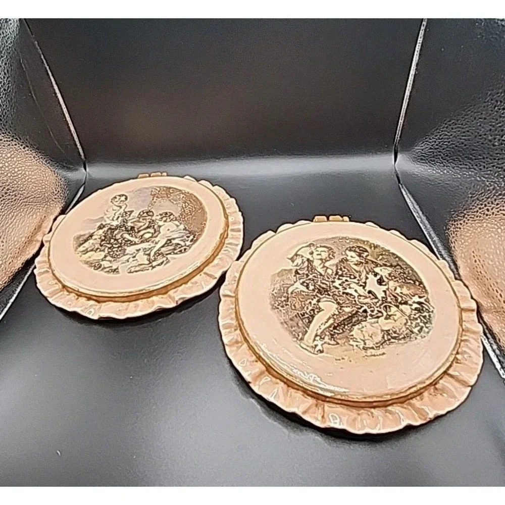 Set Of Two‎ Vintage Glazed Cermaic Hot Pads/ Wall Hangings W/ Victorian Scene